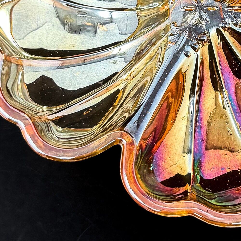 Vintage Jeannette Marigold Carnival Glass Clover Candy Trinket Dish - Picture 4 of 8